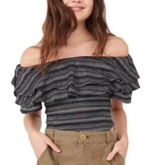 Free People Heirloom Striped Ruffle Top Off the Shoulder - Picture 2 of 9